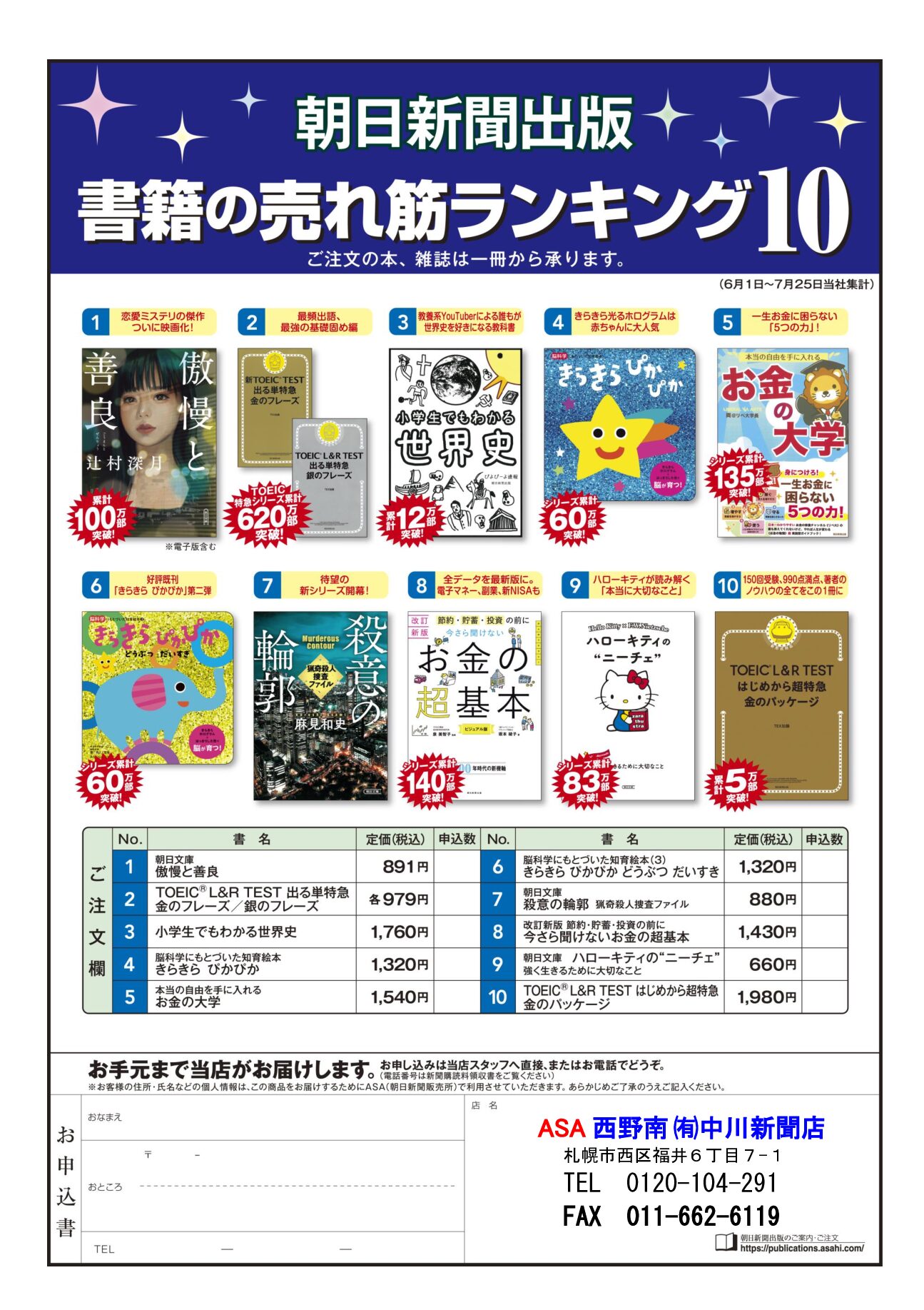 朝日新聞出版 書籍の売れ筋ランキング10 8月